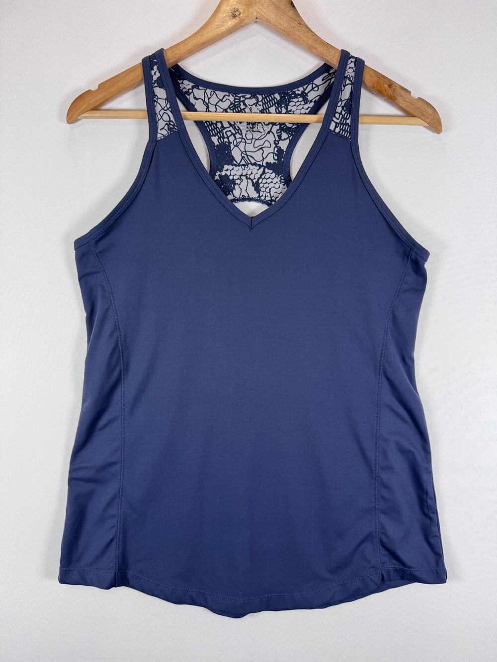 Apana Womens M Navy Blue Racerback Athletic Tank Top Lace Print Back Workout